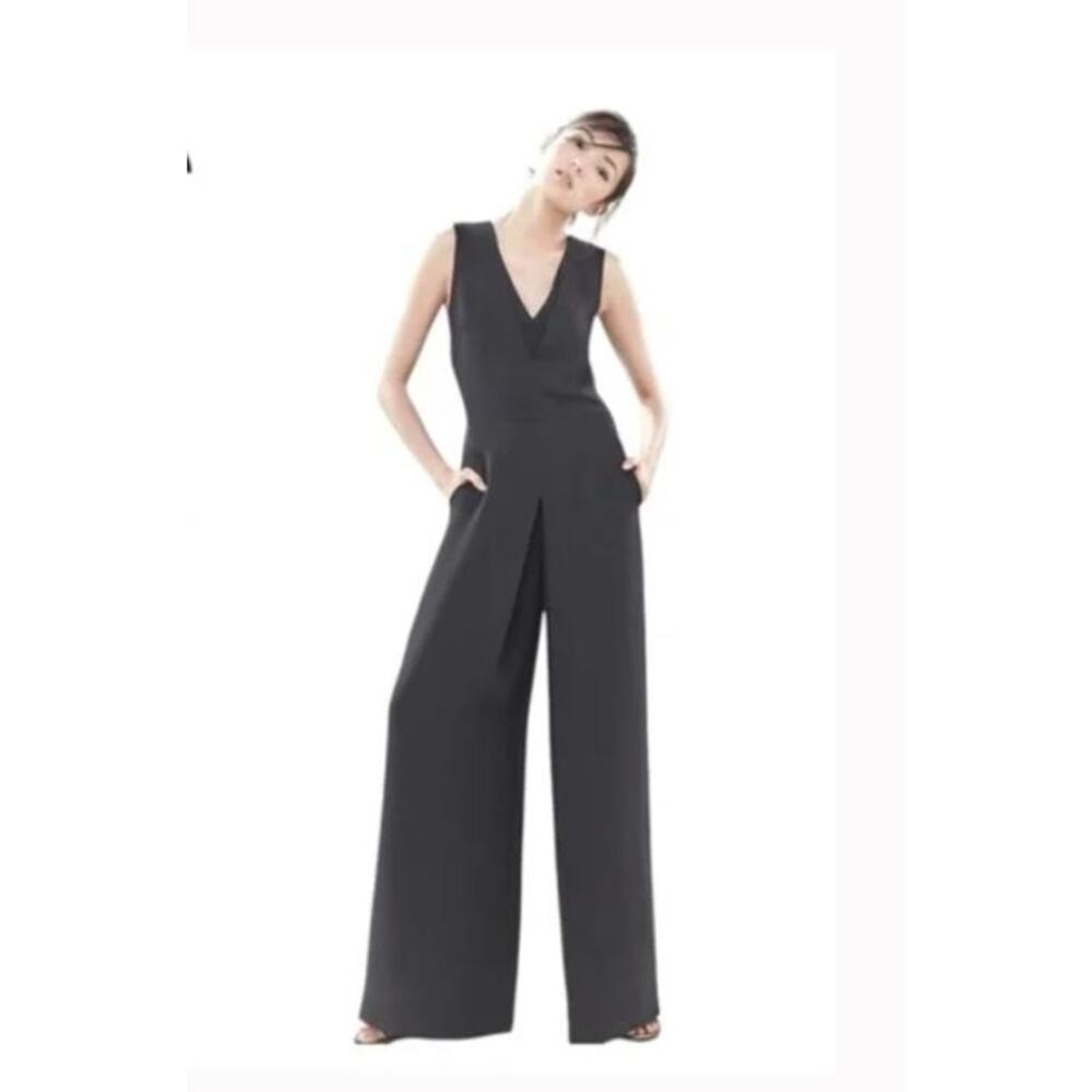 Vince Women's Black Polyester Crepe Sleeveless Double V Neck Jumpsuit 2 Wide leg
